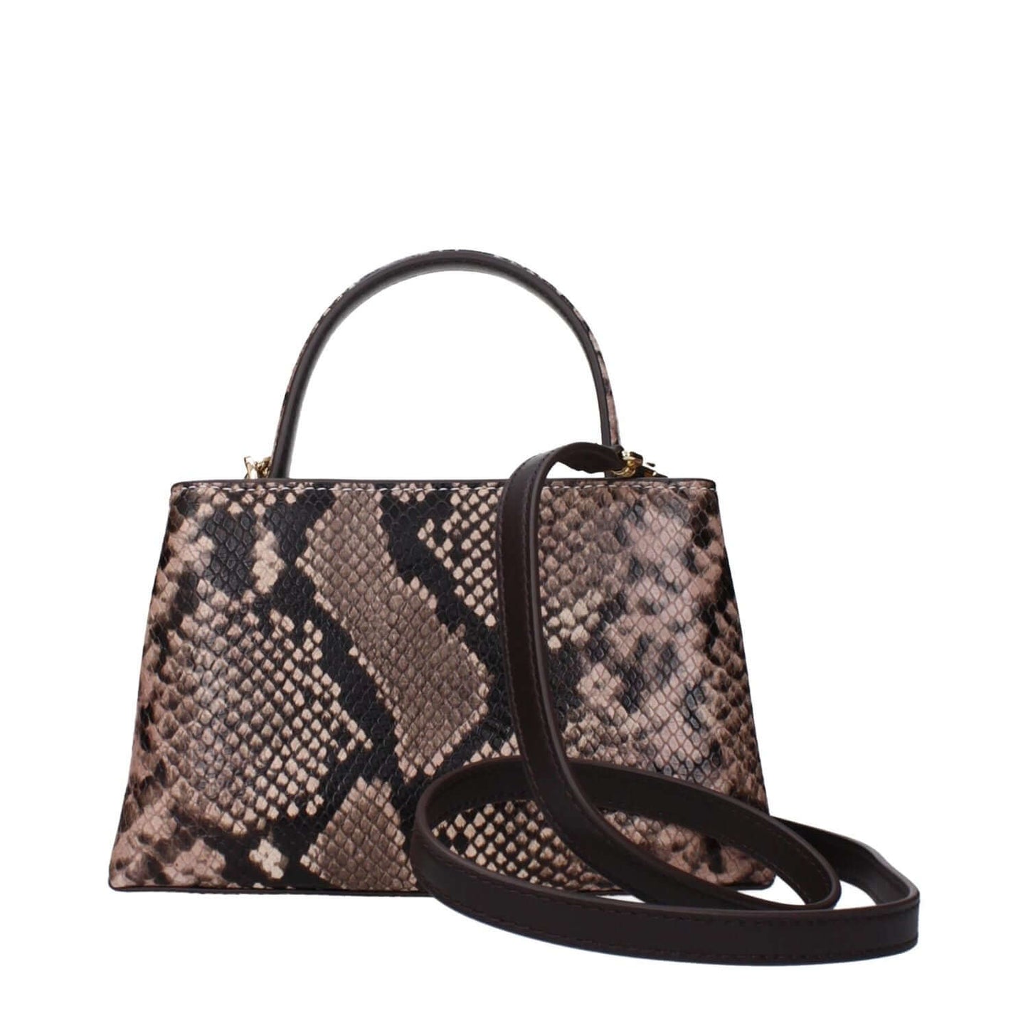Snake print handbag with top handle and adjustable shoulder strap on white background.