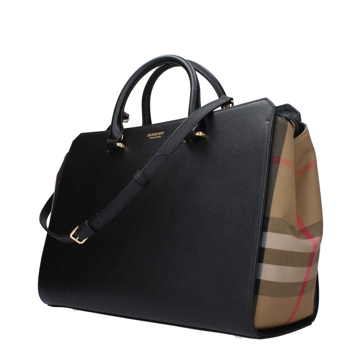 Burberry Black Leather Handbag with front logo, adjustable and removable shoulder strap, MPN 8084022, design features checked pattern on side.