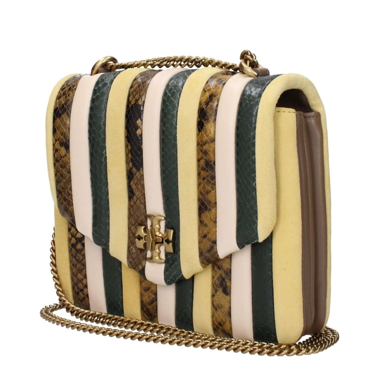 Tory Burch Yellow Leather Shoulder Bag with front logo and vintage effect design.