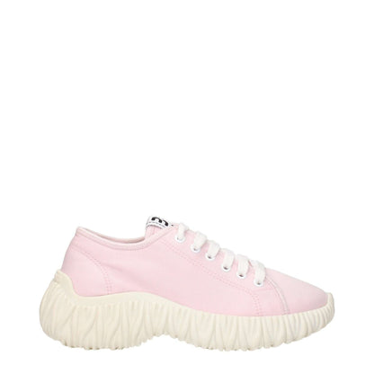 Miu Miu Pink Fabric Low Top Sneakers with front and back logo, side view of stylish casual footwear.