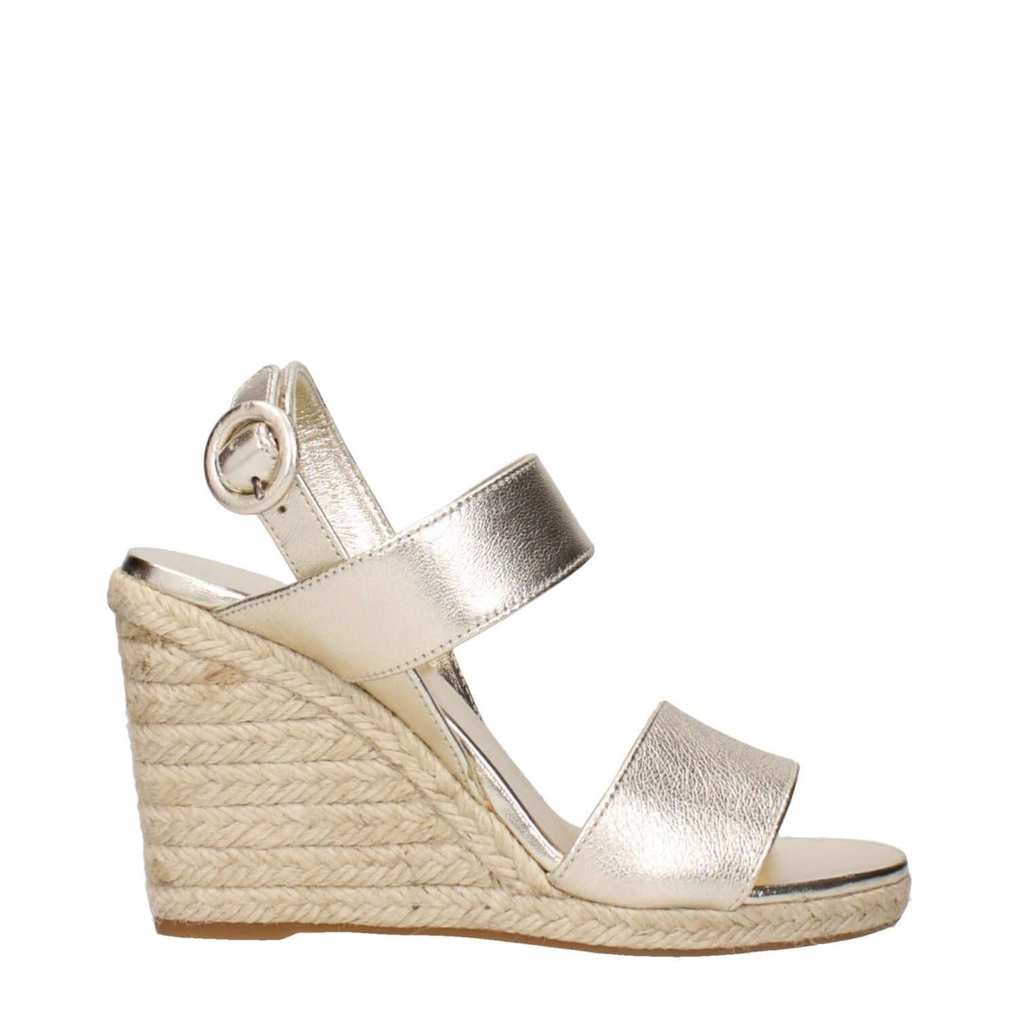 Prada Gold Leather Wedge Sandals with vintage effect design, side view showcasing elegant gold leather straps and textured wedge heel.