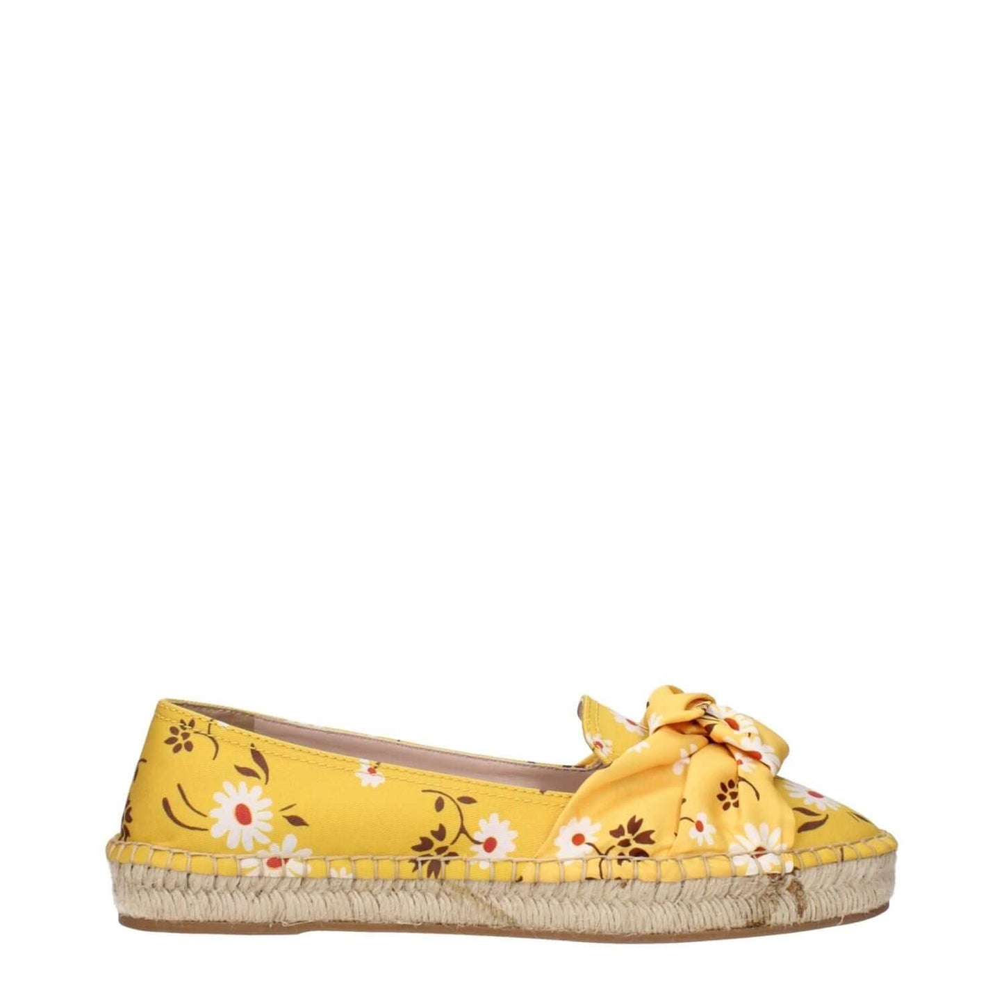 Miu Miu Yellow Fabric Espadrilles with floral pattern and bow detail, featuring a woven sole, showcasing stylish footwear design.