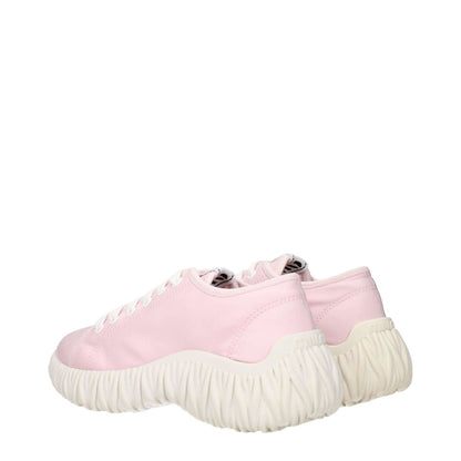 Miu Miu Pink Fabric Low Top Sneakers with front and back logo, featuring unique design and stylish appearance, shown from the back angle.