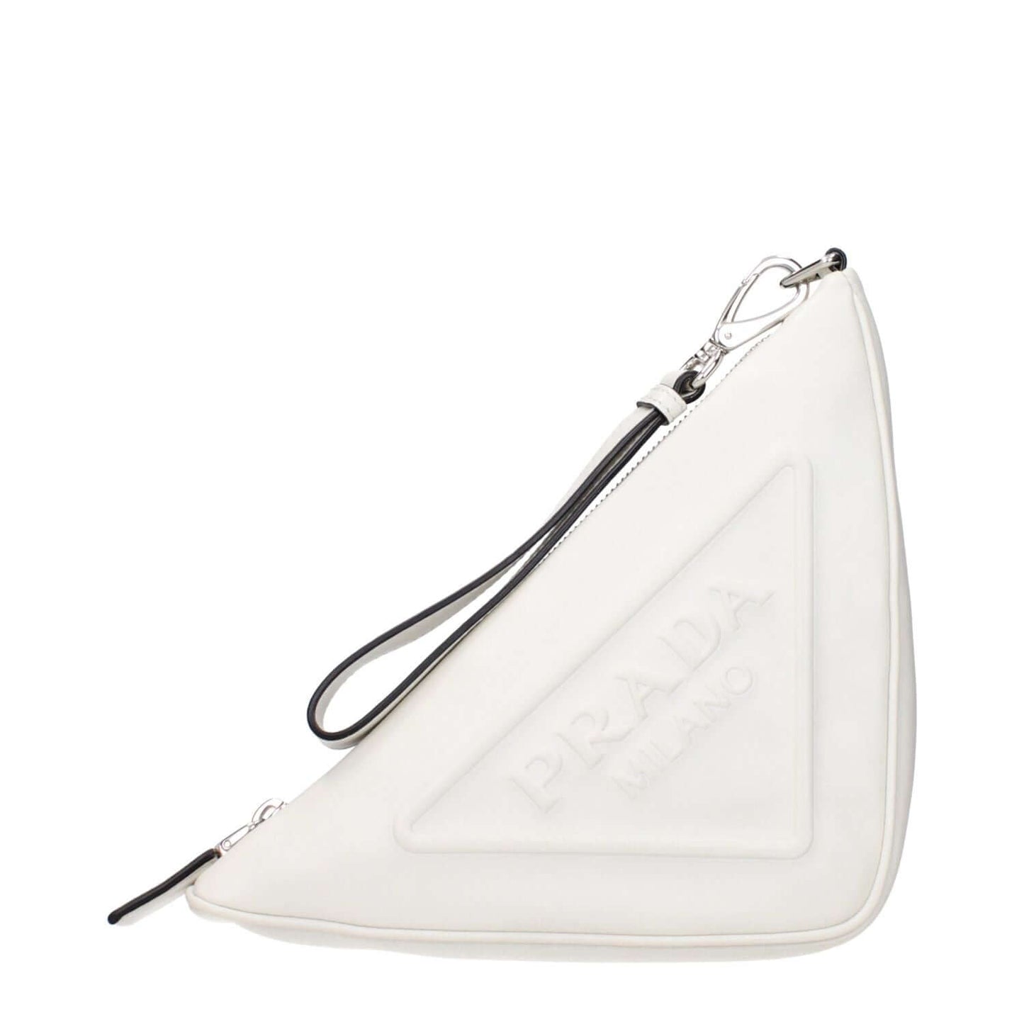 Prada White Leather Clutch Bag with front and back logo, removable handle, and unique distressed areas. MPN 1NE0392BYAF0009.