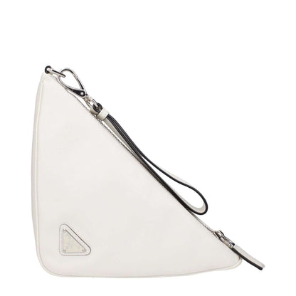 Prada White Leather Clutch Bag with front and back logos, removable handle, and distressed texture, product code F83693.