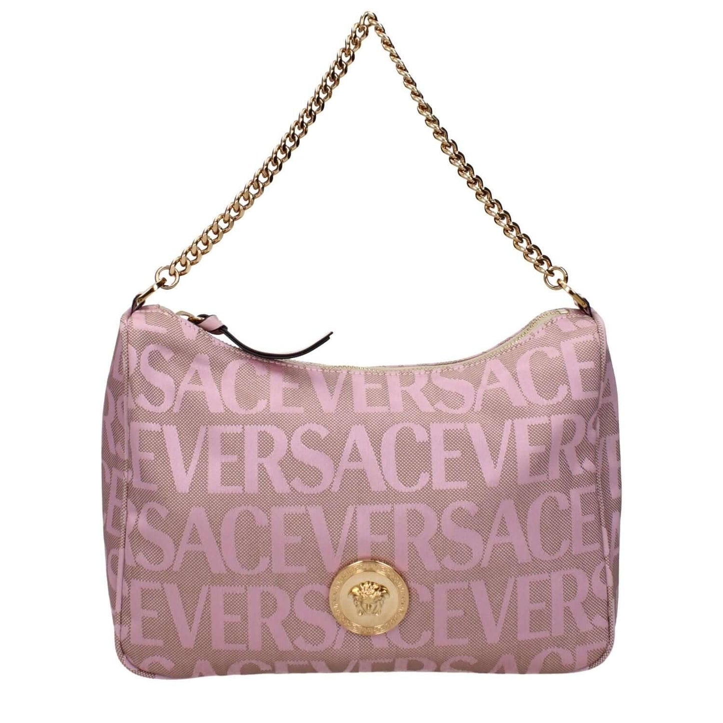 Versace Beige Fabric Handbag with logo, adjustable and removable shoulder strap, perfect for style and elegance.
