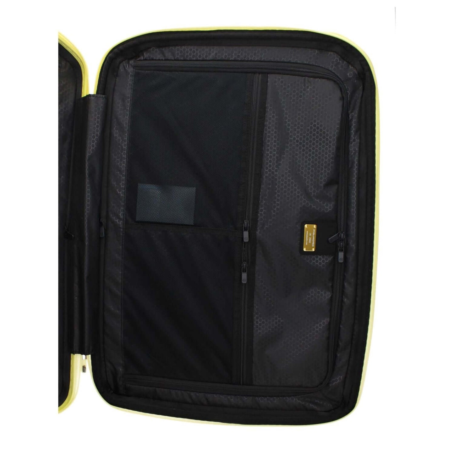 Interior view of Piquadro Yellow Polycarbonate Luggage And Travel with mesh compartments and yellow edge detailing.