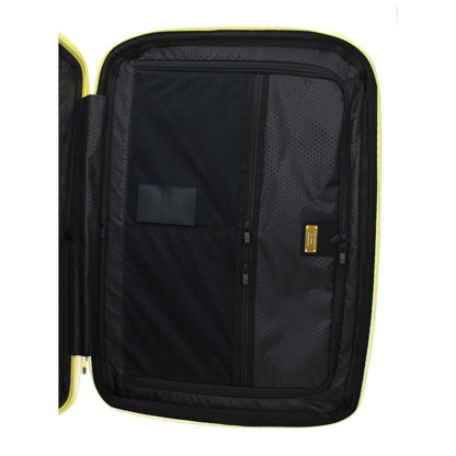 Interior view of Piquadro Yellow Polycarbonate Luggage And Travel with mesh compartments and yellow edge detailing.