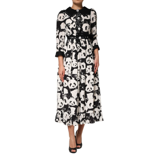 Dolce & Gabbana White Black Panda Print Flared Midi Dress