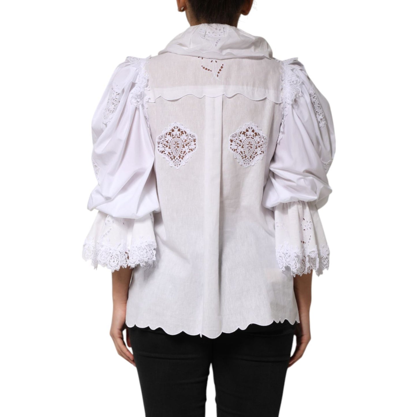 Dolce & Gabbana White Ruffled Lace Embellished Blouse Top