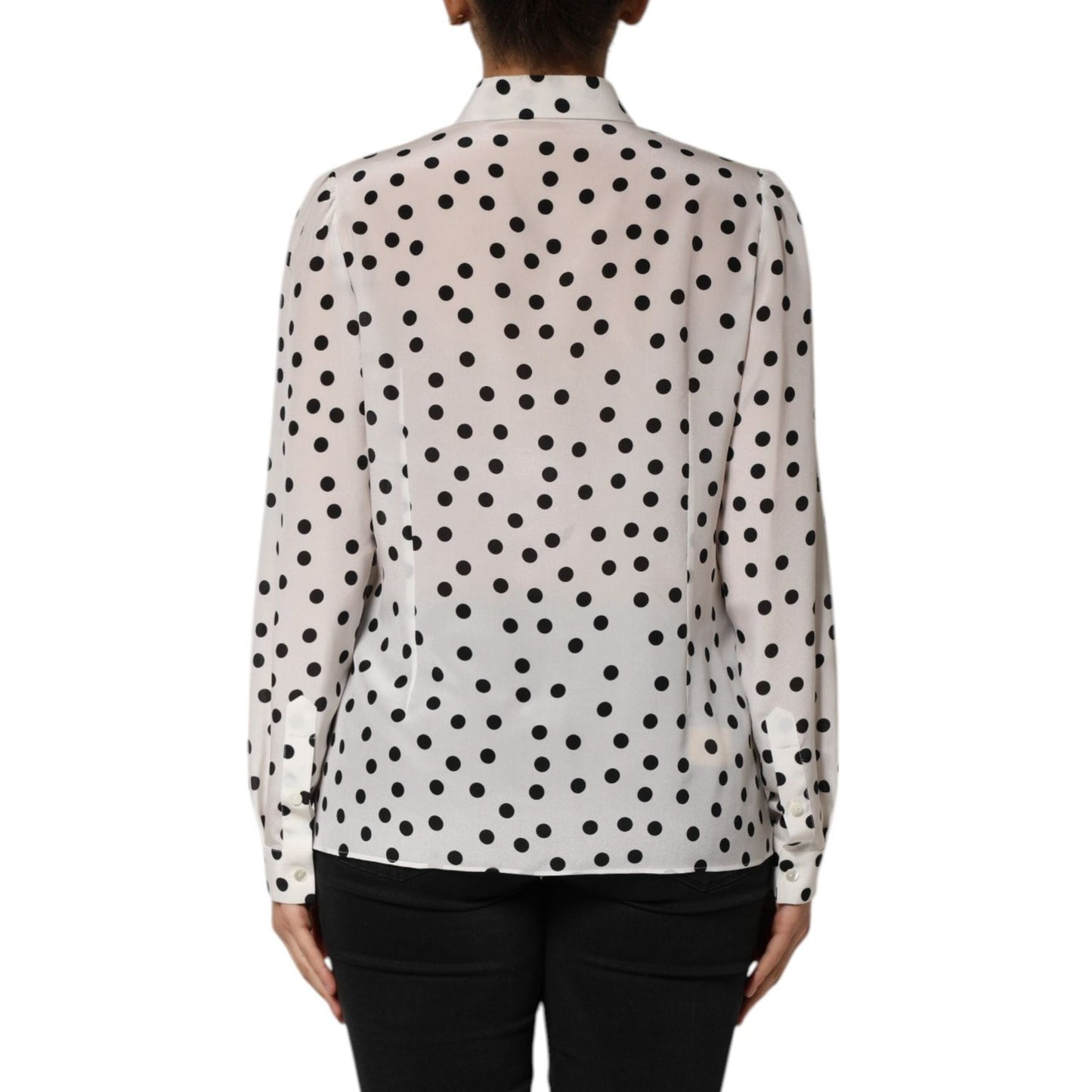 Dolce & Gabbana White Black Dotted Silk Long Sleeves Top