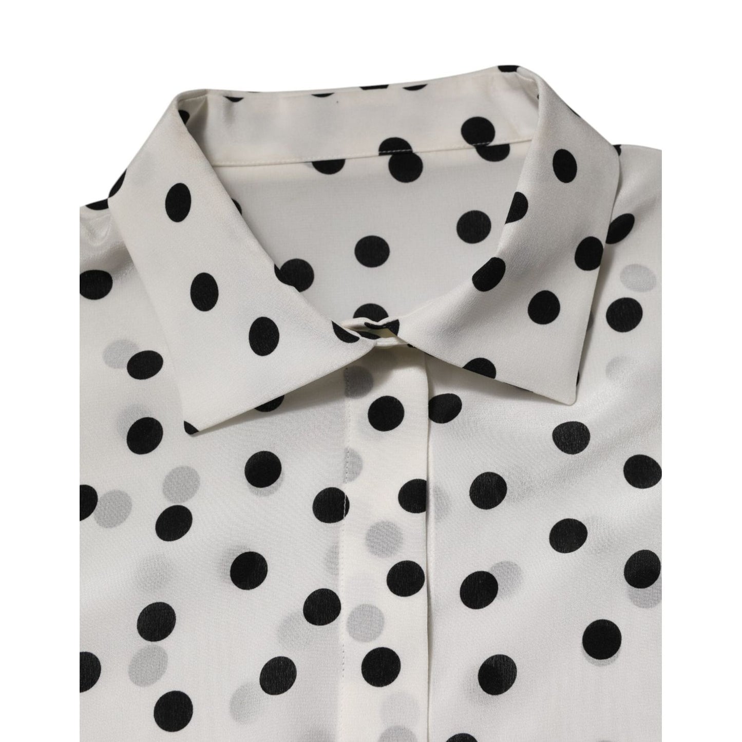 Dolce & Gabbana White Black Dotted Silk Long Sleeves Top