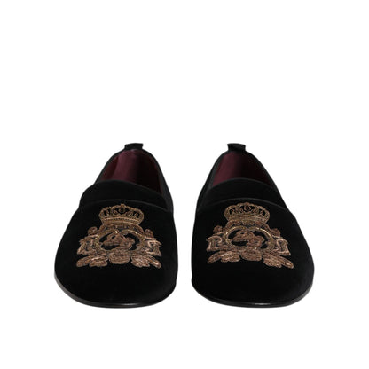 Dolce & Gabbana Black Velvet Gold Crown Mens Loafers Shoes