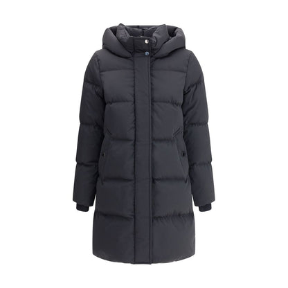 Woolrich Black Goose Down Coat with hood, elastic cuffs, zipper and button closure, featuring a quilted design for warmth and comfort.