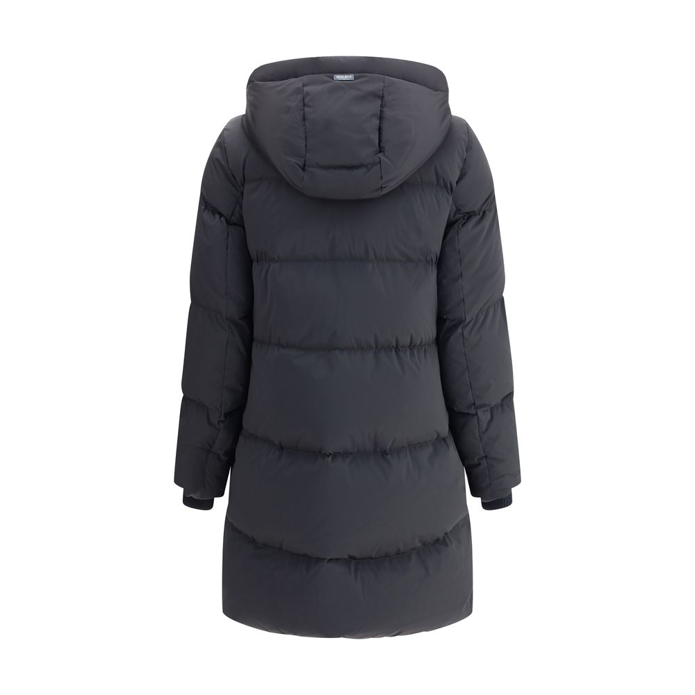 Back view of Woolrich Black Goose Down Coat with hood, quilted design, elastic cuffs, and regular fit for warmth and comfort.