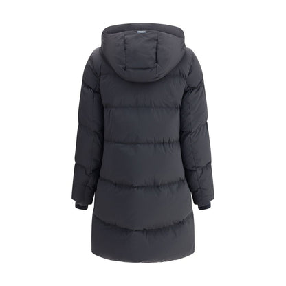 Back view of Woolrich Black Goose Down Coat with hood, quilted design, elastic cuffs, and regular fit for warmth and comfort.
