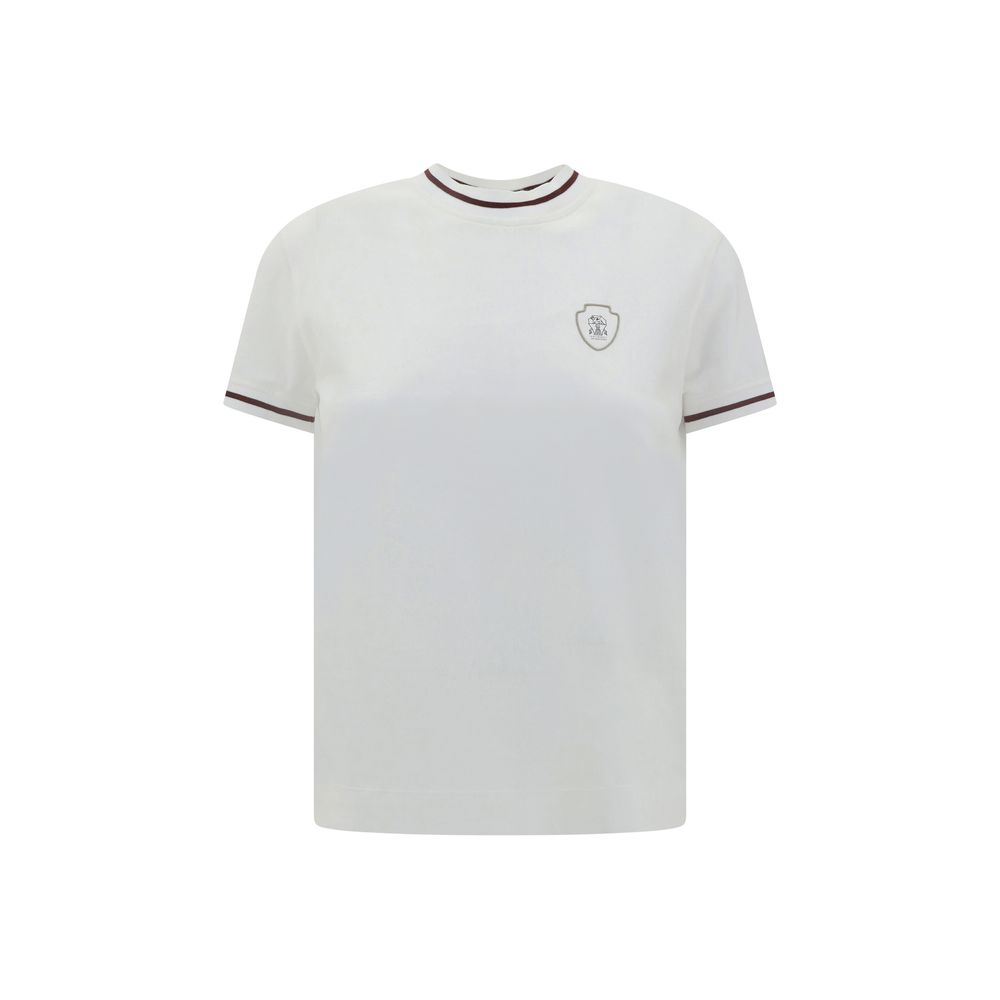 Brunello Cucinelli White Cotton T-Shirt with ribbed crew neck and brand monogram, showcasing elegant and versatile fashion.