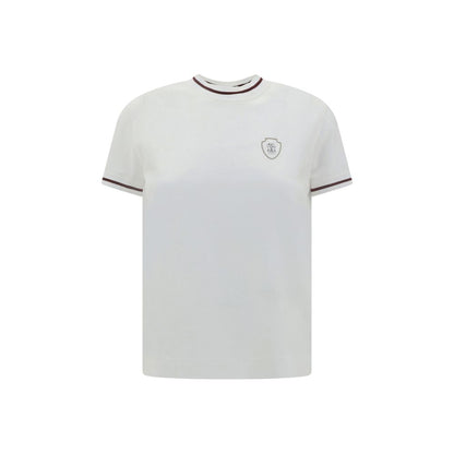 Brunello Cucinelli White Cotton T-Shirt with ribbed crew neck and brand monogram, showcasing elegant and versatile fashion.