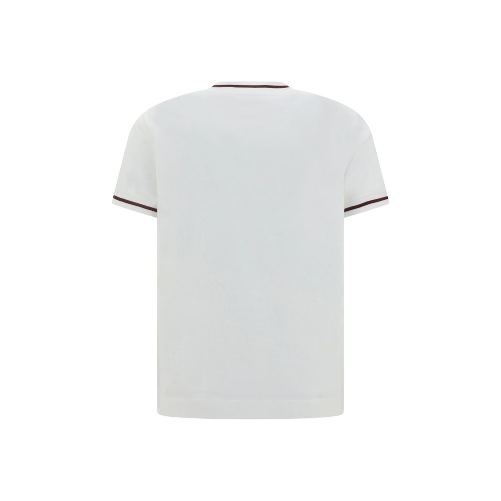 Brunello Cucinelli White Cotton T-Shirt with ribbed crew neck and brand monogram, showcasing a sleek back design with side slits.