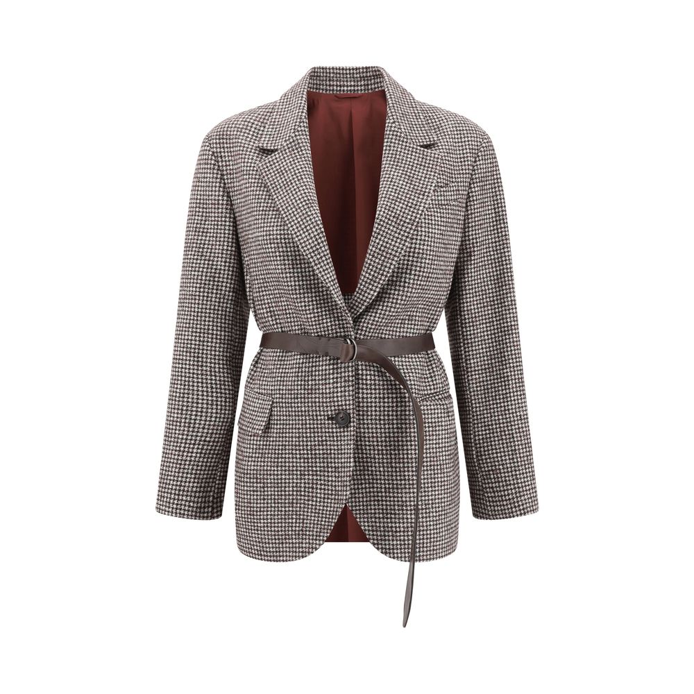 Brunello Cucinelli Brown Wool Blazer with lapel, single-breasted closure, and leather belt
