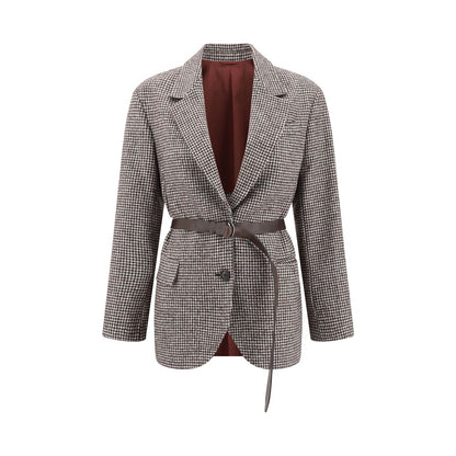 Brunello Cucinelli Brown Wool Blazer with lapel, single-breasted closure, and leather belt