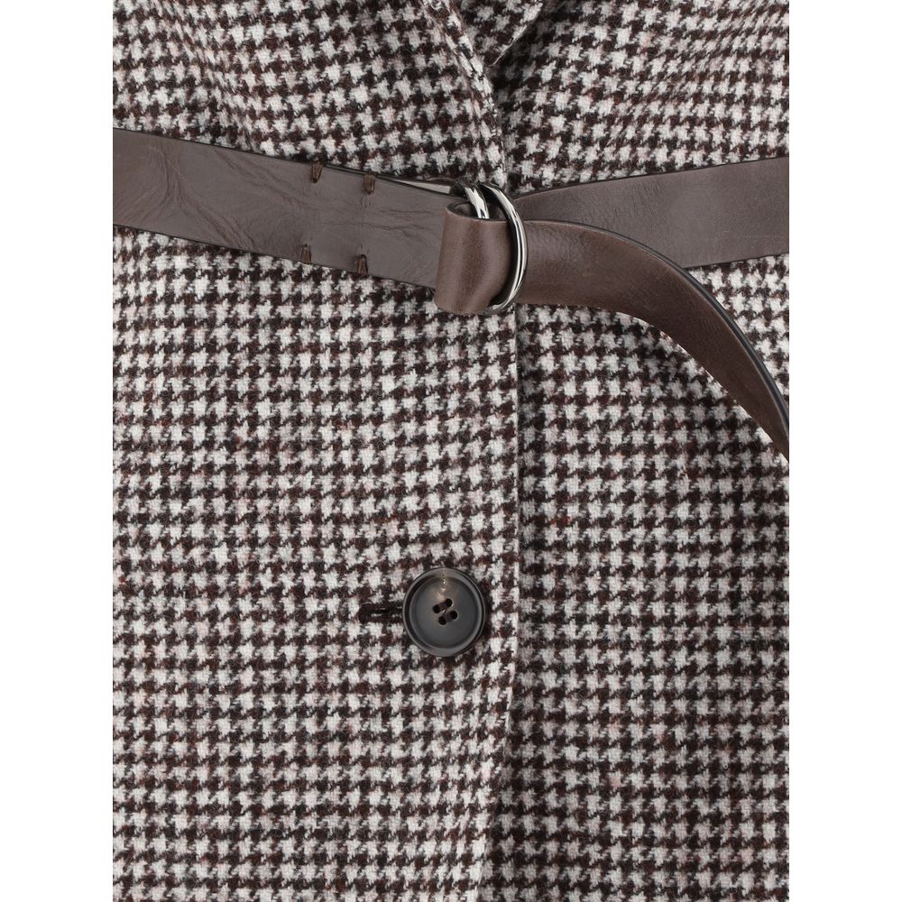 Close-up of Brunello Cucinelli Brown Wool Blazer with leather belt detail and button.