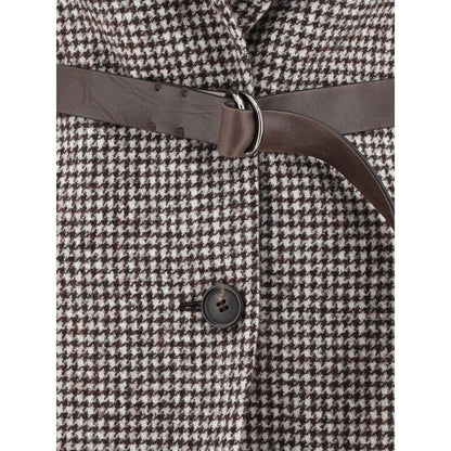 Close-up of Brunello Cucinelli Brown Wool Blazer with leather belt detail and button.