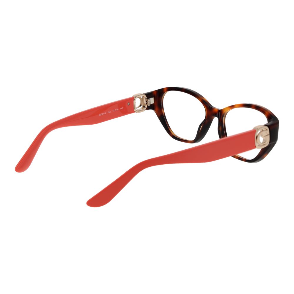 Guess Brown Women Glasses Frame in cat eye style with full-rim acetate design, featuring red temples and demo lenses.