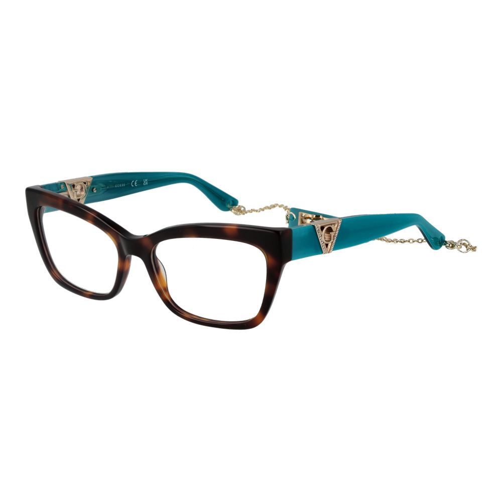 Guess Brown Women Glasses Frame, full-rim acetate, rectangle style with demo lenses, size 54-16-145, brown with branded case.