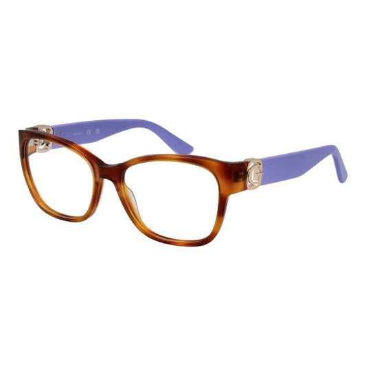 Guess Brown Women Glasses Frame with acetate full-rim, rectangle style, 54-16-140 size, demo lenses, includes branded case.
