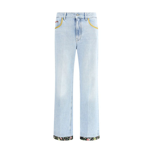 Valentino Light Blue Cotton Straight-Leg Jeans with floral edges and polka dot pocket detailing, AW25 collection, 100% cotton, made in Italy
