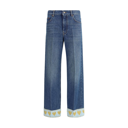 Valentino Blue Cotton Straight-Leg Jeans with La Cour de Coeur accents, AW25, regular fit. 100% cotton, made in Italy.