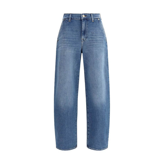 7FOR Light Blue Cotton Relaxed Fit Jeans with wide leg and mid-rise, featuring five-pocket design and zipper/button closure, AW25 collection.