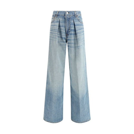 Haikure Light Blue Cotton Jeans Denim with wide-leg design, medium waist, five-pocket style, button closure, and logo patch.