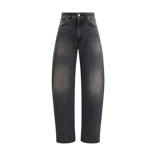 Haikure Black Cotton Relaxed Fit Jeans with wide-leg design and logoed leather patch, ideal for a trendy casual look.
