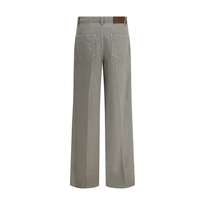 Back view of Brunello Cucinelli Bicolor Cotton Relaxed Fit Jeans with leather logo patch and wide-leg style.