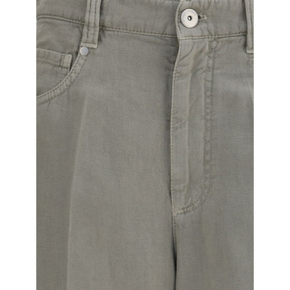 Close-up of Brunello Cucinelli Bicolor Cotton Relaxed Fit Jeans showcasing button closure and pocket details.