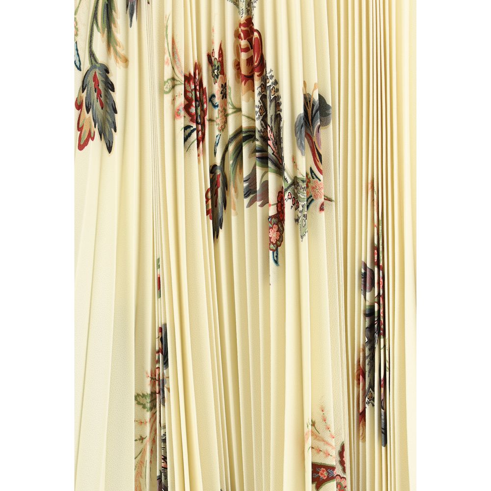 Close-up of Etro Yellow Polyester Midi Skirt with floral pleated design, emphasizing the brand's romantic aesthetic.