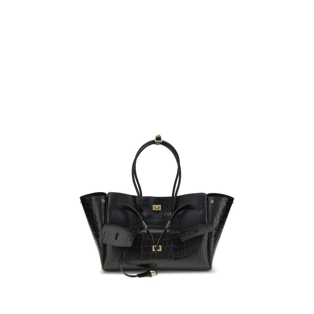 Balenciaga Black Calf Leather Bos Taurus Shoulder Bag with crocodile-effect leather and gold hardware, featuring embossed logo and swivel closure.