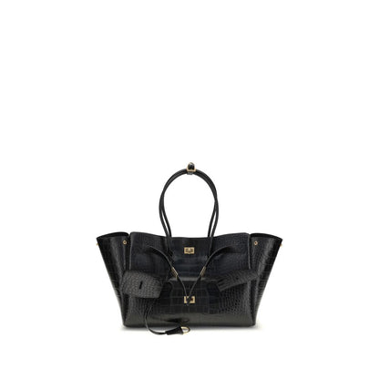 Balenciaga Black Calf Leather Bos Taurus Shoulder Bag with crocodile-effect leather and gold hardware, featuring embossed logo and swivel closure.