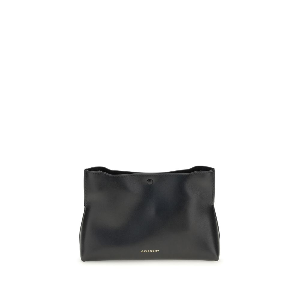 Givenchy Black Calf Leather Bos Taurus Clutch Bag with gold logo, magnetic closure, and adjustable shoulder strap.