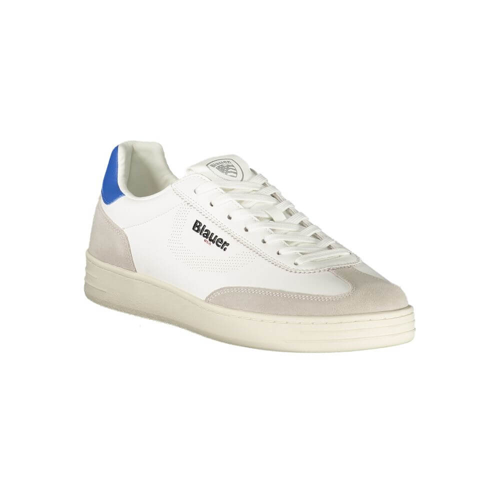 Blauer White Leather Men Sneaker with blue accents and Blauer logo, offering comfort and style in a sporty design.
