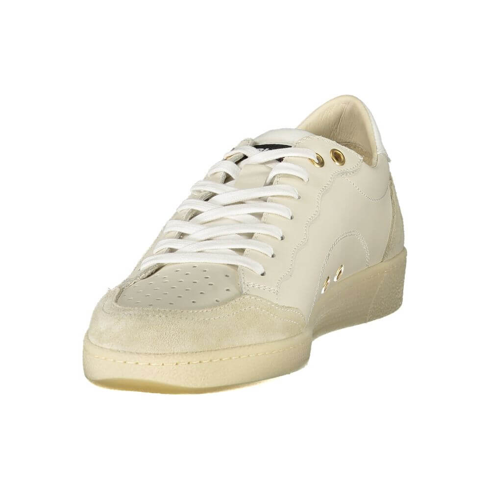 Blauer White Leather Men Sneaker with removable insole and Blauer logo, stylish lace-up design in stark white with bold contrasting details.