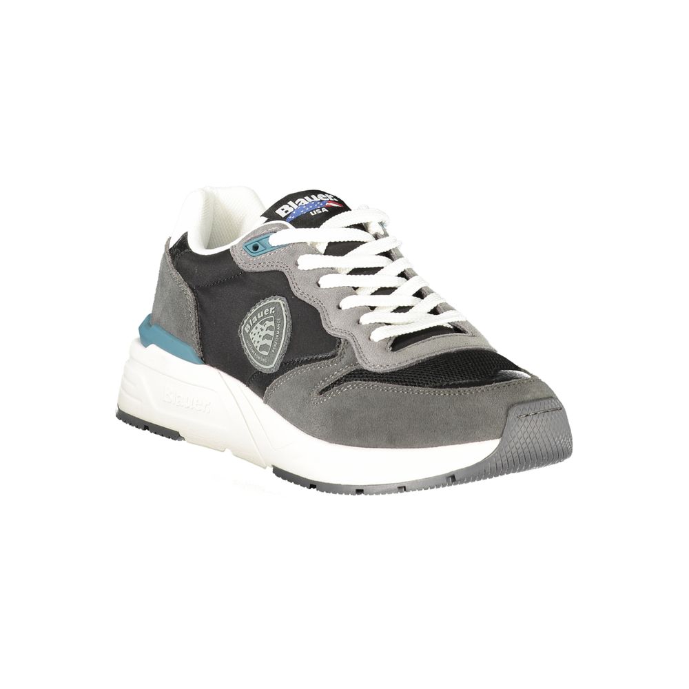 Blauer Black Leather Men Sneaker with bold logo and sporty style, featuring black, grey, and contrasting details for a dynamic look.