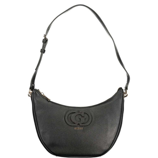 Guess Jeans Black Polyethylene Women Handbag with adjustable shoulder strap and multiple pockets on white background.