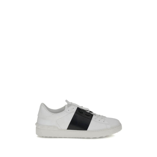 Valentino Garavani White Calf Leather Bos Taurus Low Top Sneakers with contrasting bands and studs on heel, side view.