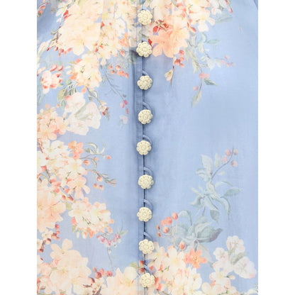 Zimmermann Light Blue Ramie Blouse with floral print and crochet buttons detail