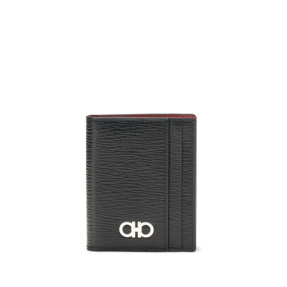 Ferragamo Black Calf Leather Bos Taurus Wallet with Gancini logo plaque, elegant design for refined everyday use, front view
