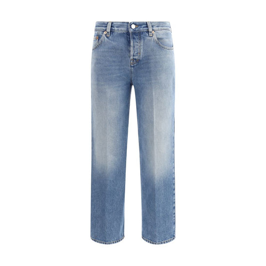 Gucci Light Blue Cotton Straight-Leg Jeans with five-pocket design, button closure, naplak label, and belt loops, made in Italy.
