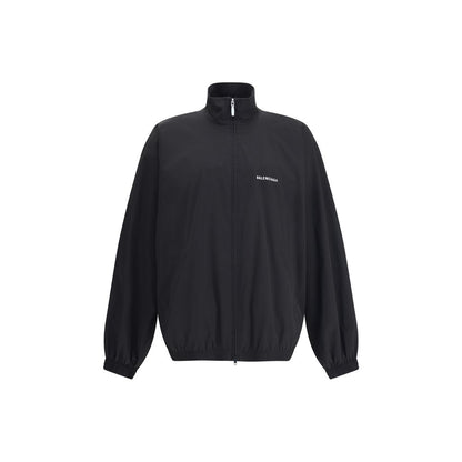 Balenciaga Black Polyester Shell Jacket with high collar and embroidery, featuring front zipper and pocket details, sporty and oversized fit.
